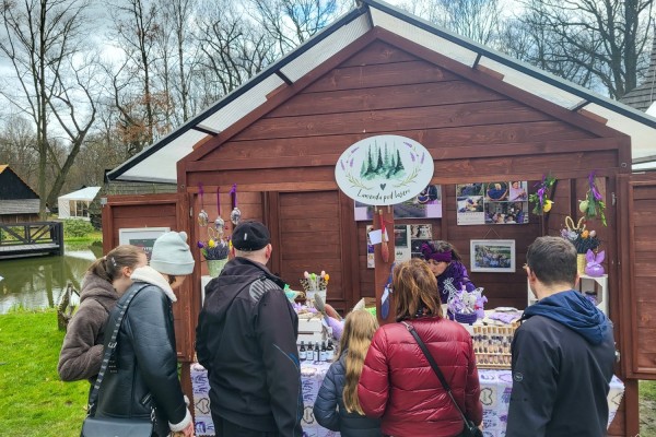 Osoby zgromadzone przy stoisku Lawendy pod lasem oglądają produkty